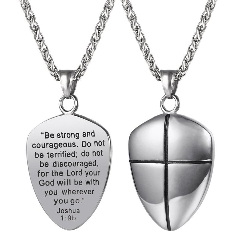 U7 Shield of Faith Pendant Chain 22 Inch Stainless Steel Joshua 1:9 Cross Amulet Necklace - Image 1